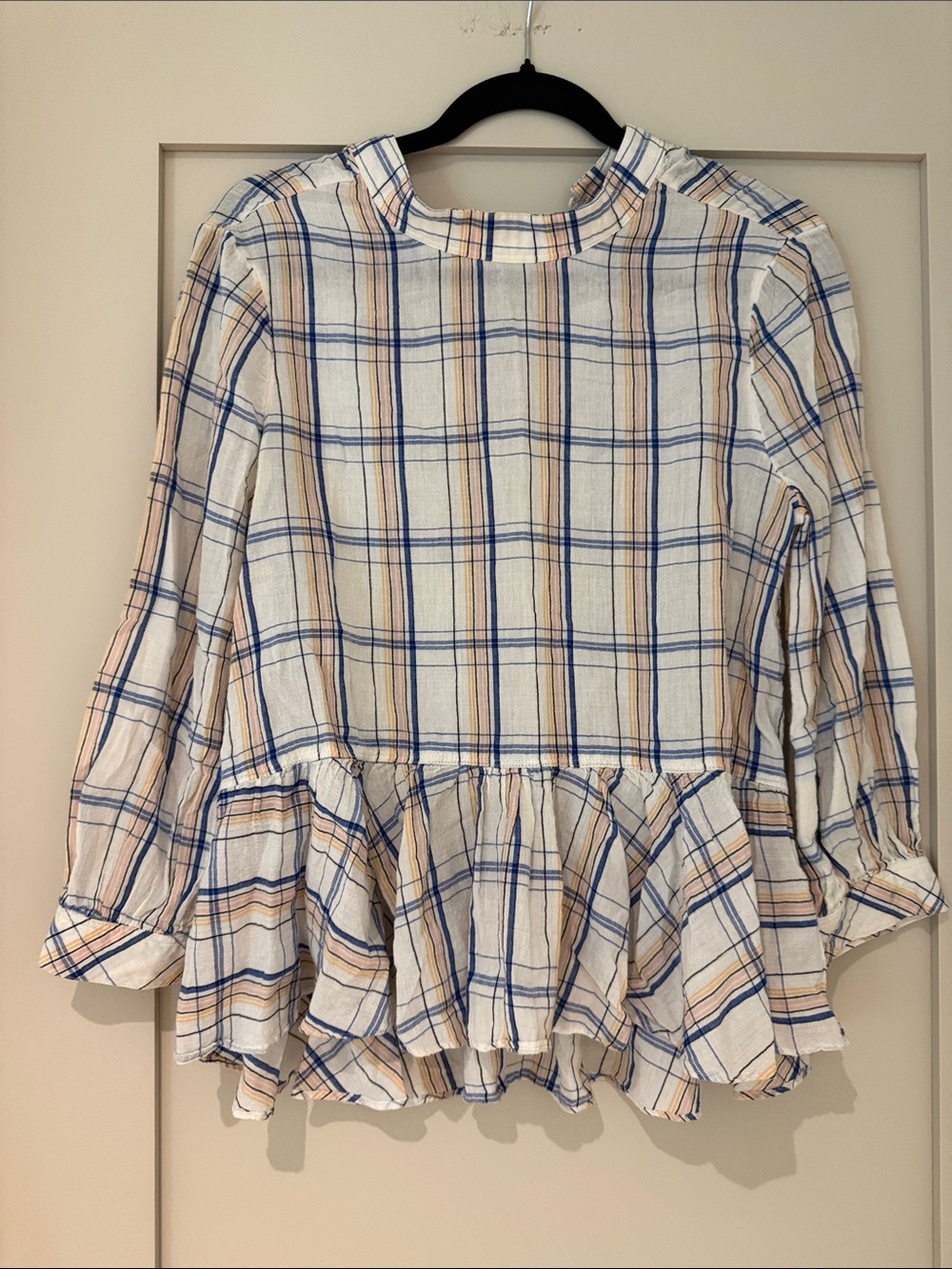 Maeve Plaid Ruffle Hem Top - Blue & Cream